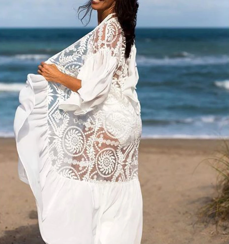 Накидка женская кружевная шифоновая Повседневная белая Пляжная накидка в стиле