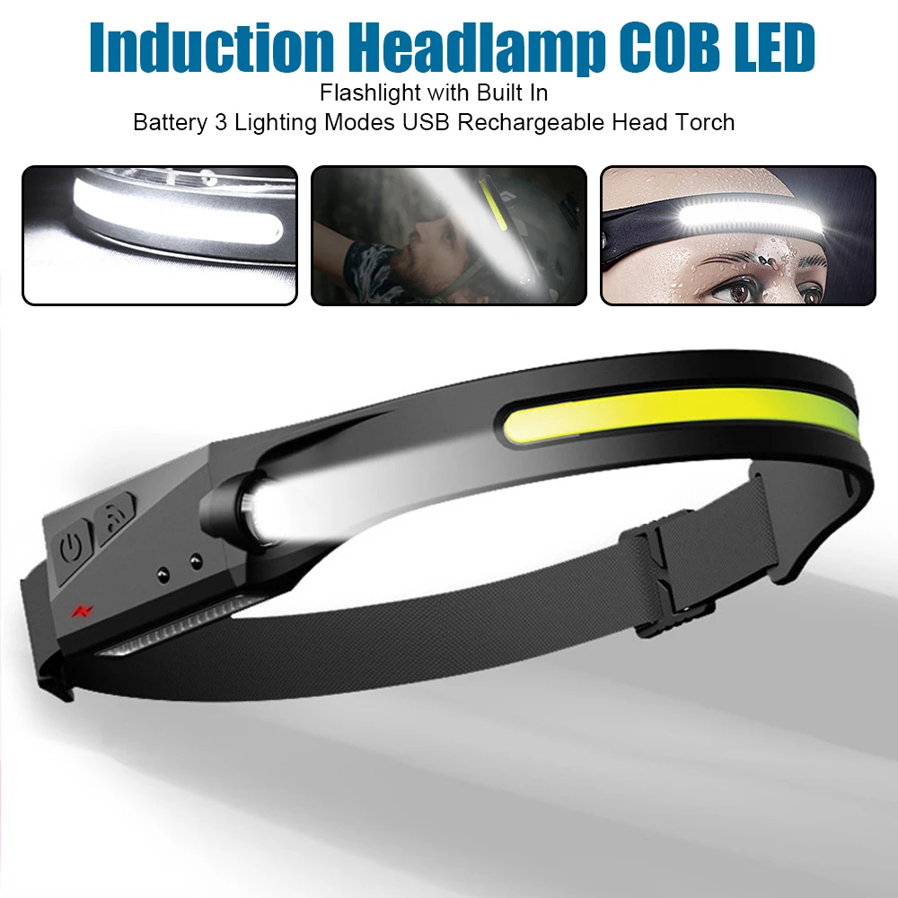 

Induction Headlamp COB LED Head Lamp with Built-in Battery Flashlight USB Rechargeable Head Torch 5 Lighting Modes Head Light