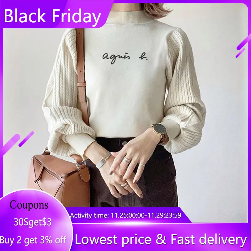 

Women's Sweater Fashion Turtleneck Patchwork Letter Pullover Slim Office Lady Casual Top Korean Style Autumn Clothes Women Chic