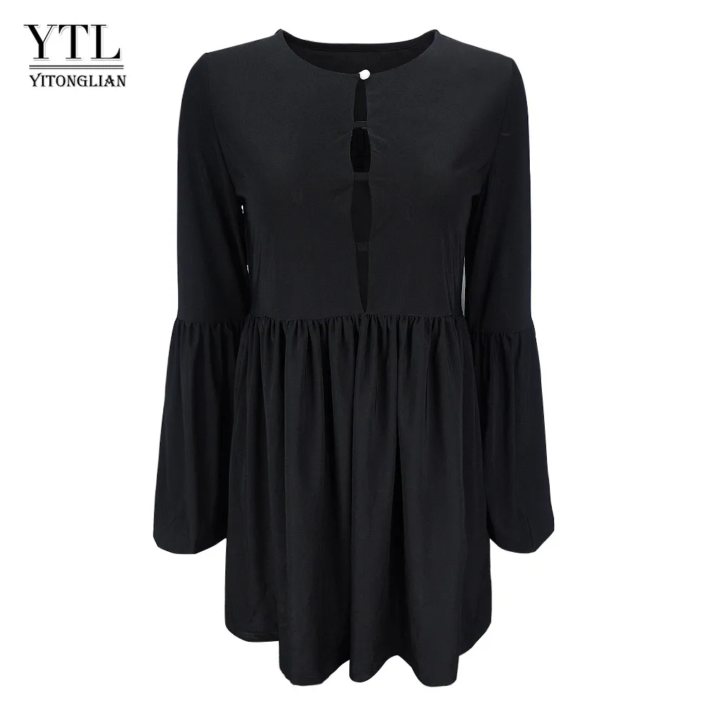Black YTL женские сексуальные открытые топы с пышными рукавами, Клубная одежда, черные повседневные топы, футболки, новогодние майки, ретро осенняя одежда для женщин H275 - Цвет: Black