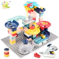 huiqibao 161pcs whale marble race run big building blocks animals large size bricks with baseplate children kids toys