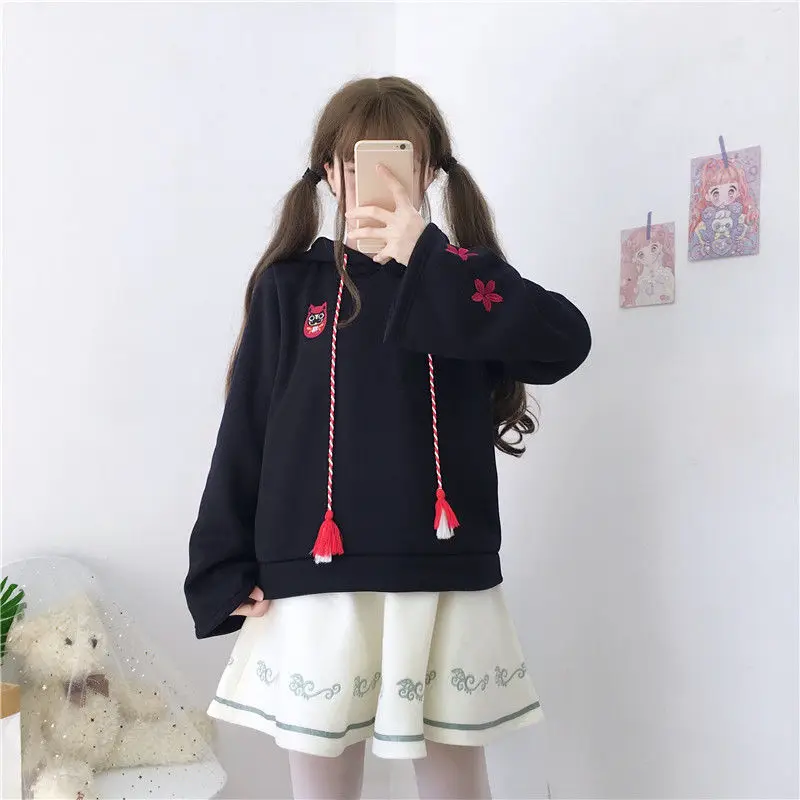 Повседневные милые толстовки с котом для девочек худи ушками и хвостом японская