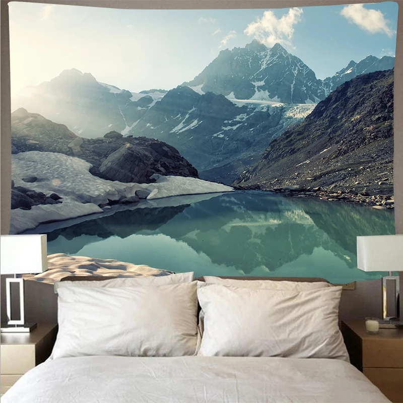 

Cheap Mountain Blue Lake Tapestry Wall Hanging Landscape Green Grassland Art Wall Cloth Thin Ceiling Decor Blanket Background