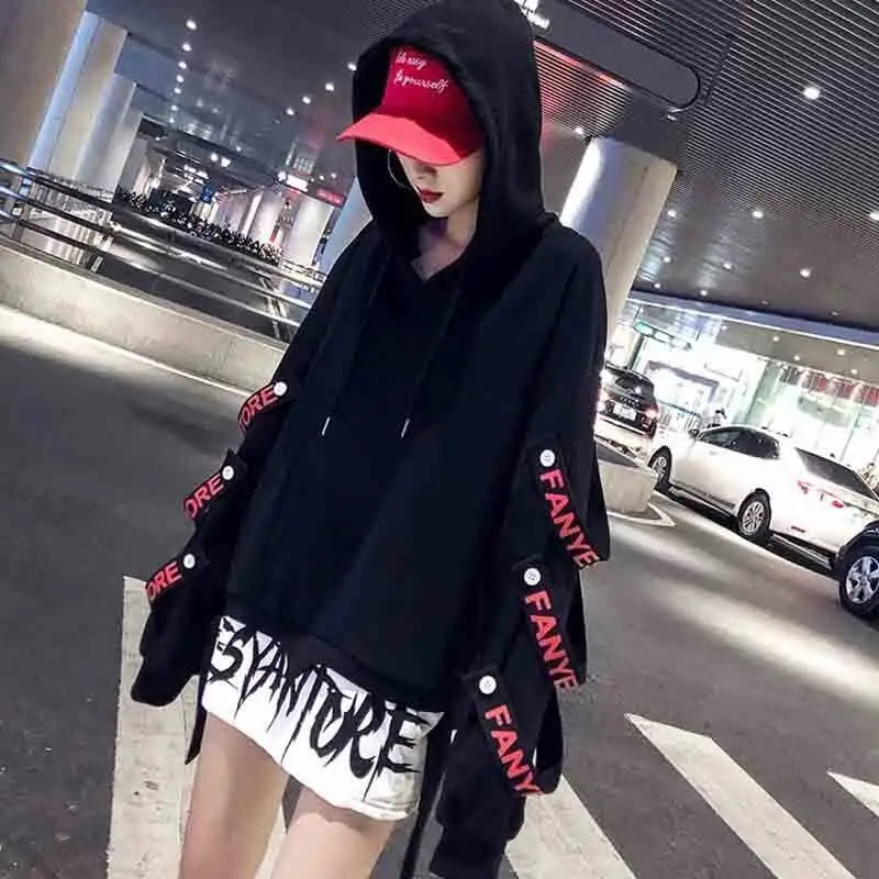 

Gothic Hoodie Bandage Sleeve Women Streetwear Oversized Loose Letter Hooded Sweatshirt Woman Pullover Harajuku Hip Hop Clothes