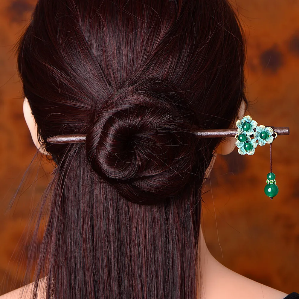 Шпилька для волос с нефритовым камнем и цветами Очаровательная ювелирные