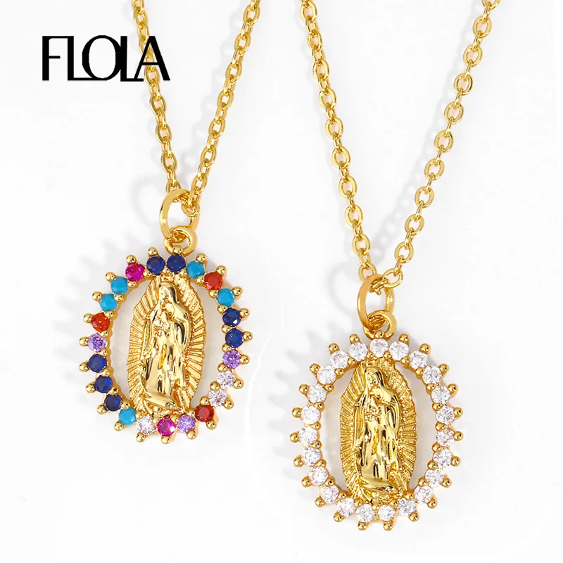 FLOLA, маленькие женские ожерелья с фианитами и искусственными кристаллами, медное позолоченное ожерелье, католическая защита, ювелирные изделия nkeq94