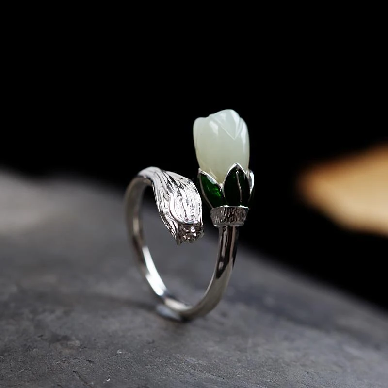 

Natural Hetian green magnolia flower opening adjustable ring Chinese style retro unique craft charm women's silver jewelry