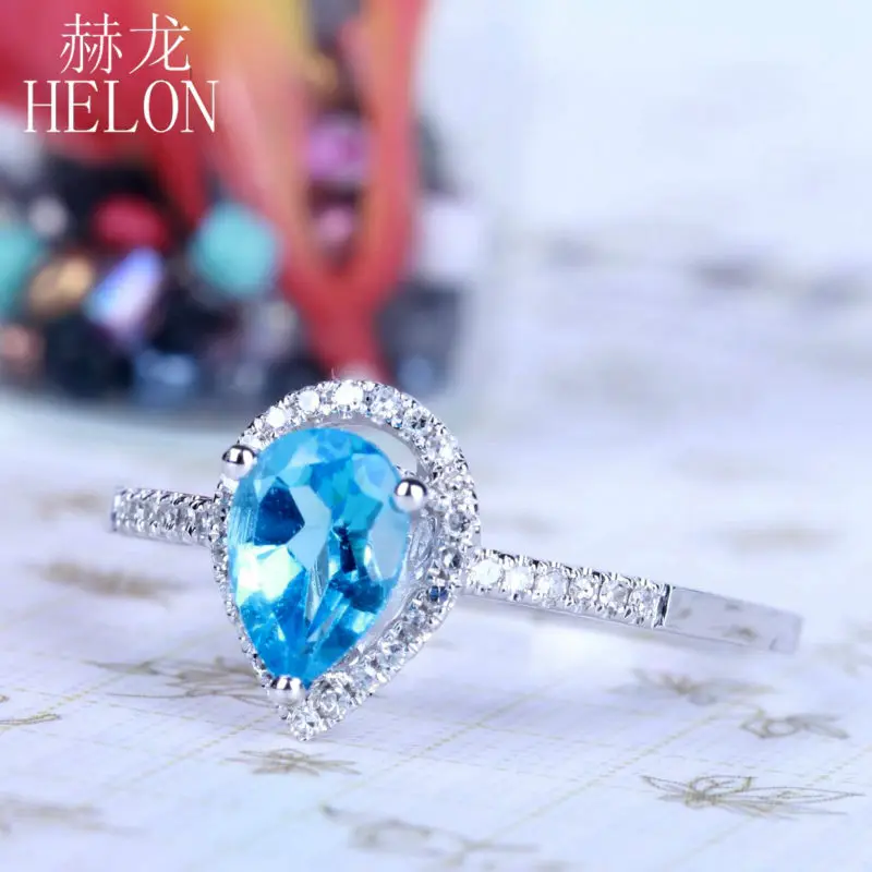 

HELON Solid 10k White Gold Flawless Pear 5x7mm Genuine Blue Topaz Diamonds Engagement Ring Women Birthday Anniversarry Best Gift