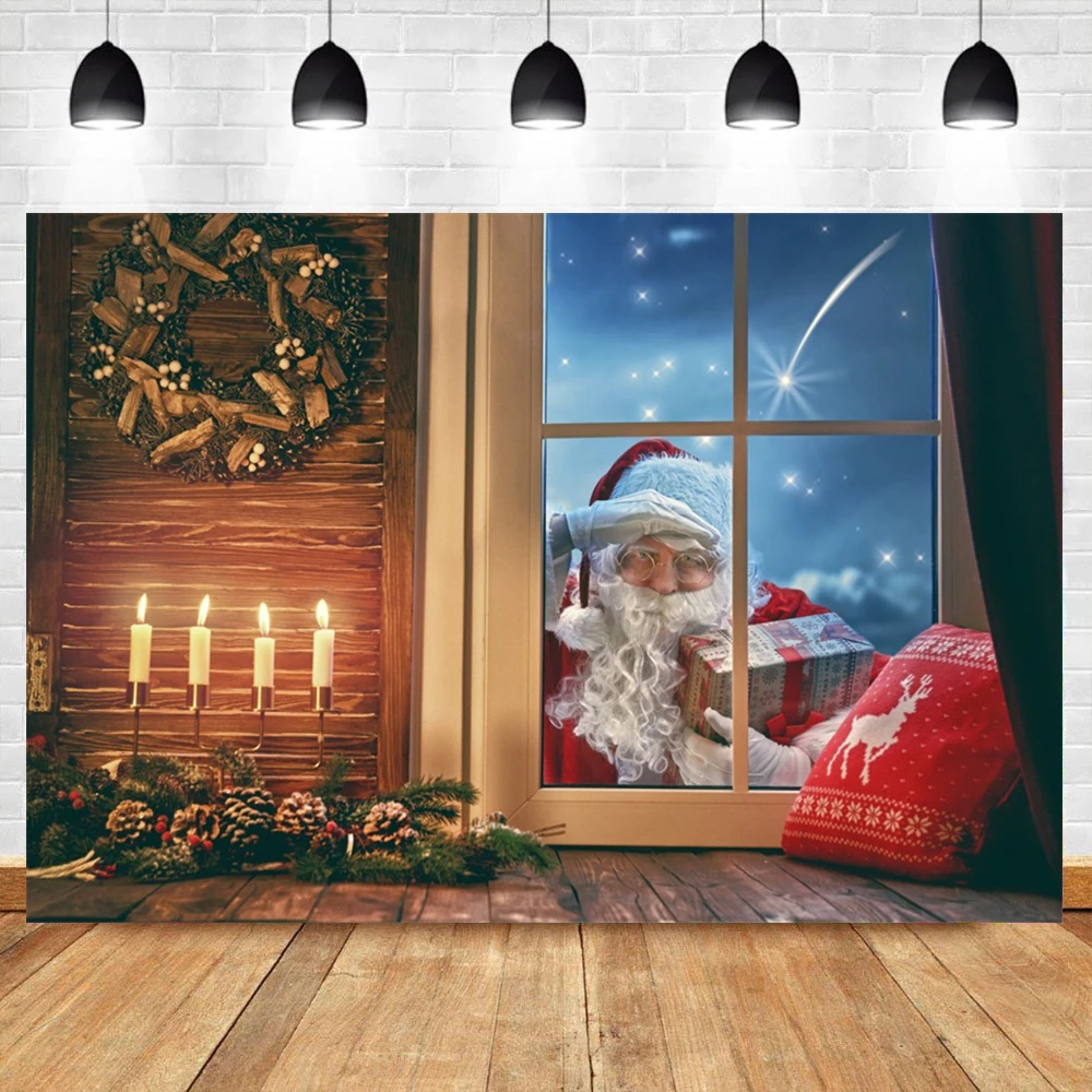 

Christmas Eve Night Party Santas Claus Background Photography Bedroom Bed Pillow Candles Pine Wreath Photo Backdrop Photocall