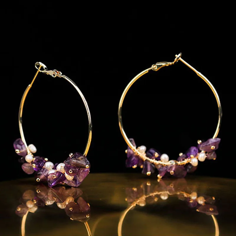 Женские серьги-кольца с натуральным камнем и кристаллами в богемном стиле 2020 |