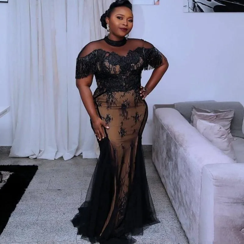 

Mermaid Prom Dresses Sheer Neck Appliques Lace Tassels Tulle Party Gowns vestidos de noche African Evening Dress Plus Size