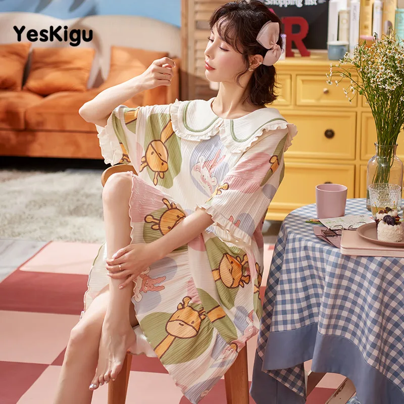 

2021 Spring Night Dress Women Girls Sleepwear Femme Cartoon Bear Cute Loose LeisureWear Dresses Nightgown LongSleeve Pajamas