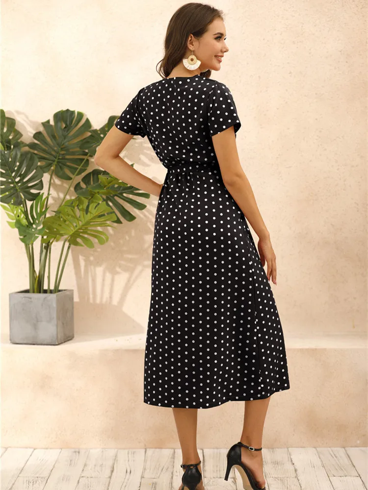 

Summer Sexy Fashion V Neck Short Sleeve Women Slit Dress 2021 High Street Lace Elastic Waist Polka Dot Print Casual Women Dress