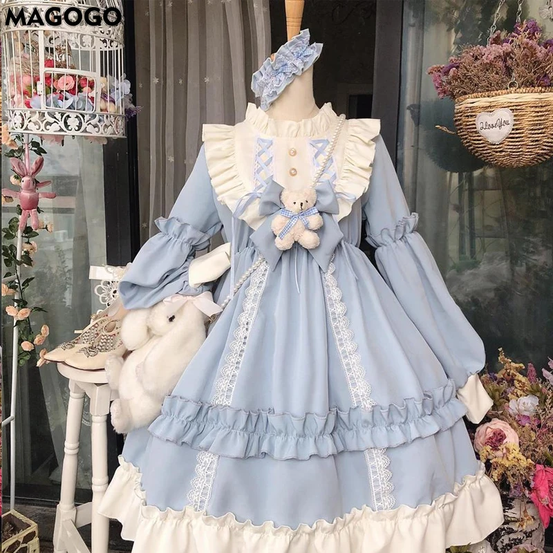 

Lolita Style Dress Women Lace Maid Costume Dress Long Sleeve Kawaii Loose Soft Sisters New Female Cute Sweet Mid Dress