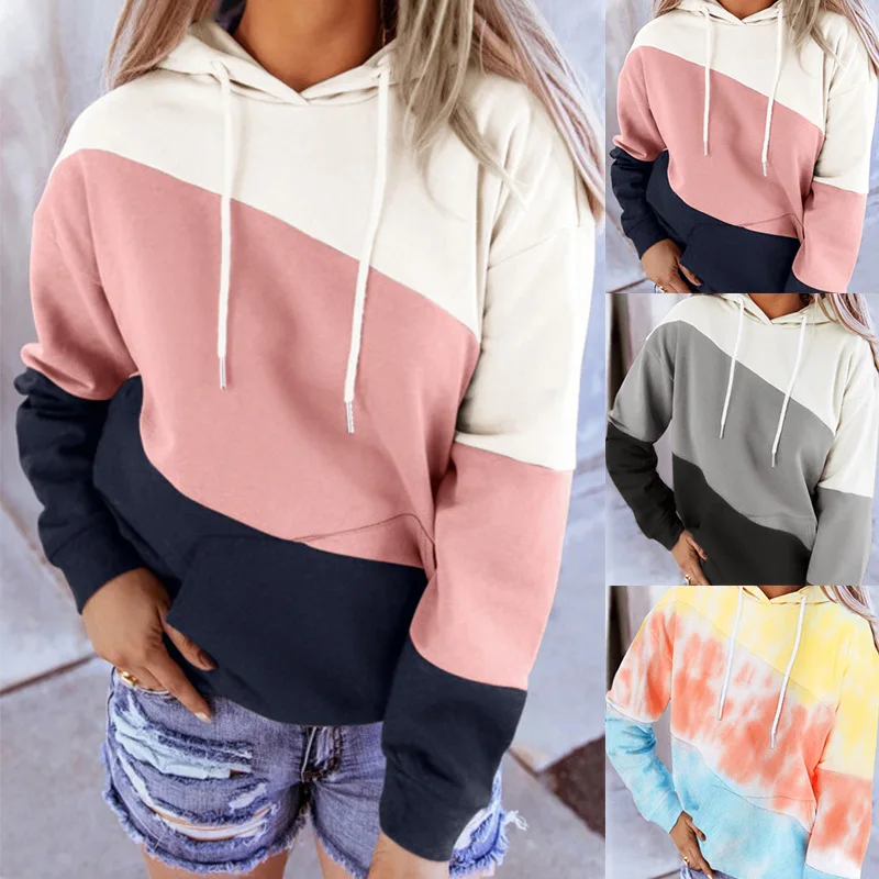

Fashion Women's Long Sleeve Stitched Hooded Printed Pink Gray Sky Blue Sweatershirts