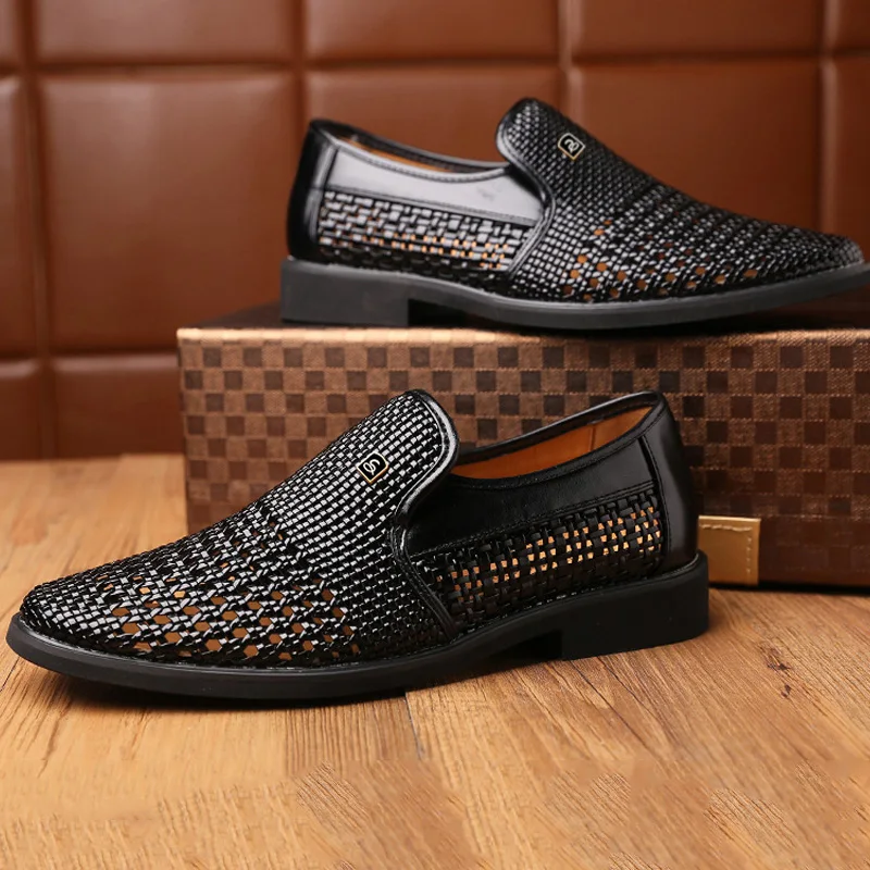 

2019 Woven Skin Leather Men Shoes Summer Hollow Breathable Business Slip On Dress Shoes Male Soft Casual Shoes Man Flat