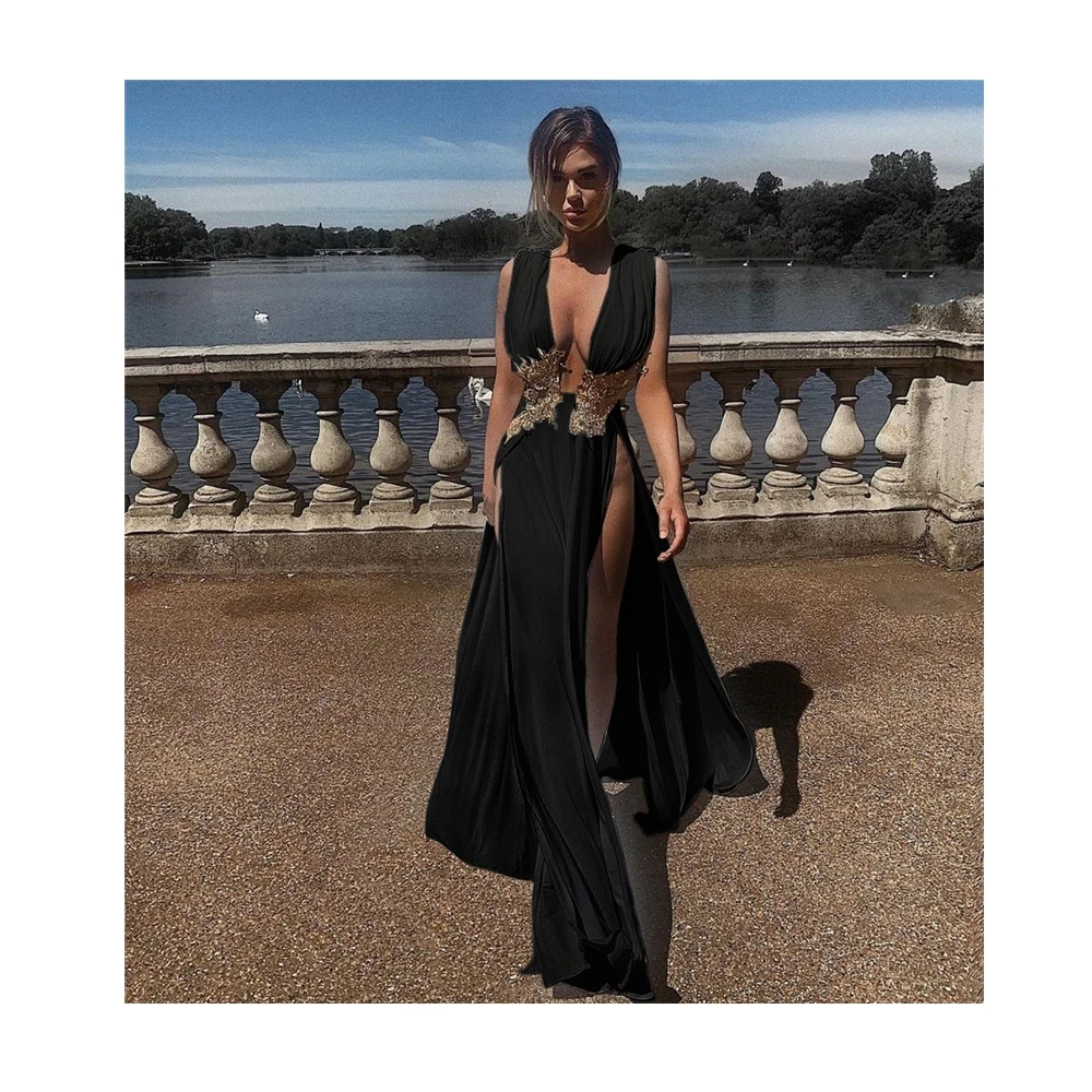 Wjustforu Deep V-Neck Bodycon Night Dress Women Sexy High Split Maxi Backless Patchwork Party Club Outfits For | Женская одежда