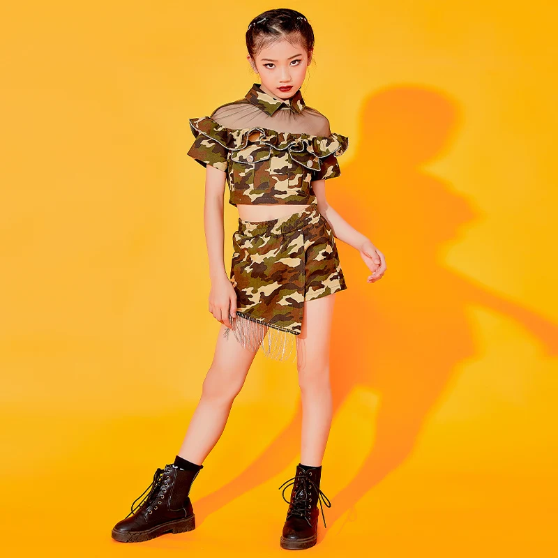 

New Jazz Costumes Kids Hip Hop Clothes Camouflage Dance Costume Performance Suit Girls Festival Clothing Stage Wear 120-170CM