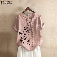 zanzea elegant summer tee shirts vintage womens printed blouse 2021 button cotton blusa female short sleeve tunic