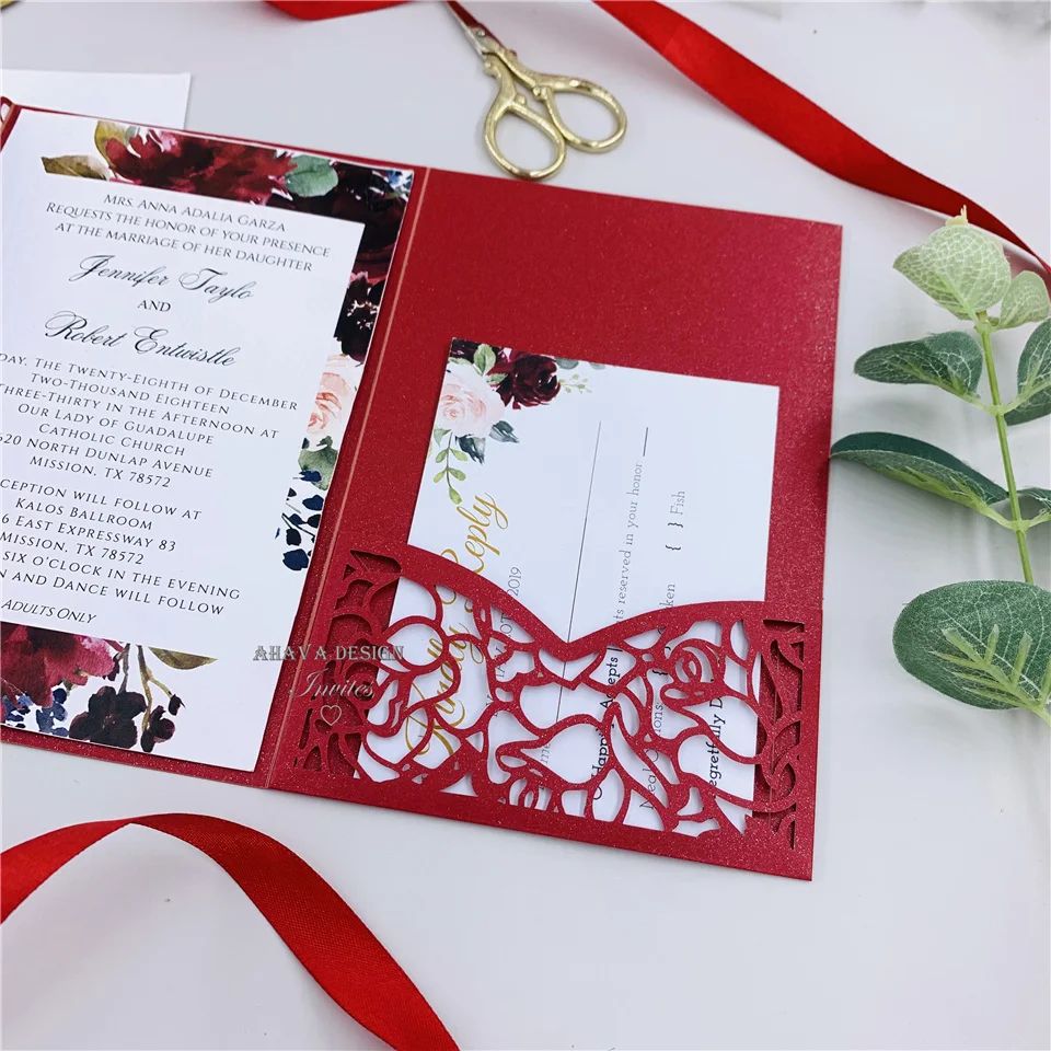 Великолепная красная Персонализированная лазерная резка свадебные приглашения