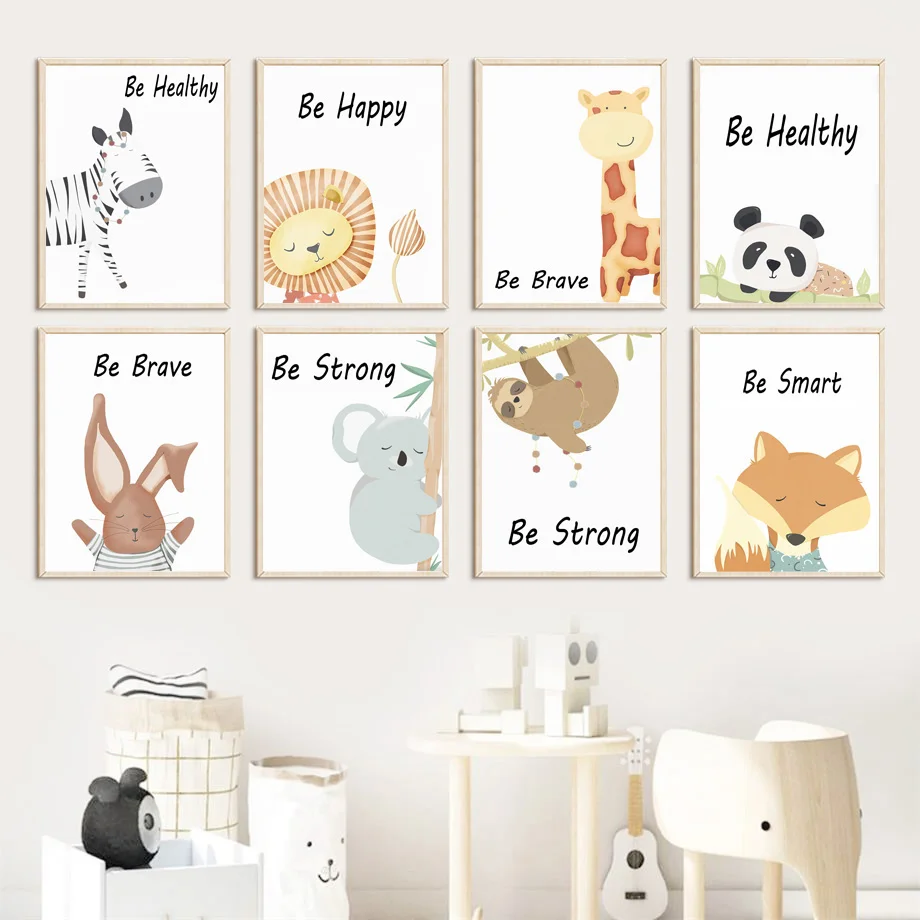 

Kawaii Lions Giraffe Koala Panda Zebra Fox Baby Wall Art Canvas Painting Nordic Posters And Prints Wall Pictures Kids Room Decor