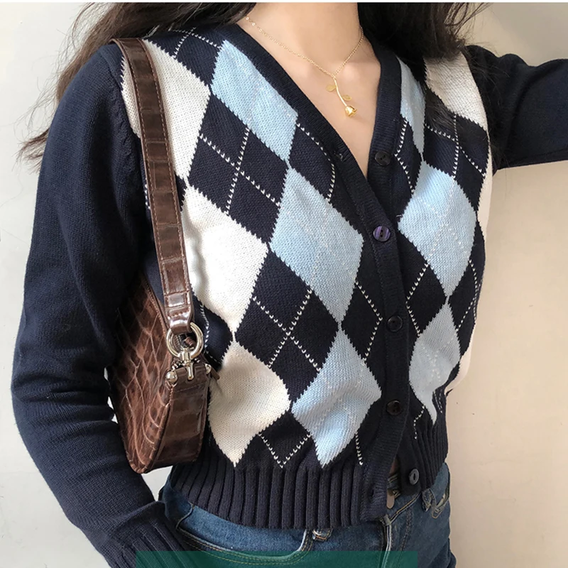 

Vintage V-Neck Plaid Long Sleeve Women Sweater 2020 Autumn Winter Short Knitted Cardigan Sweaters Womes England Style Tops