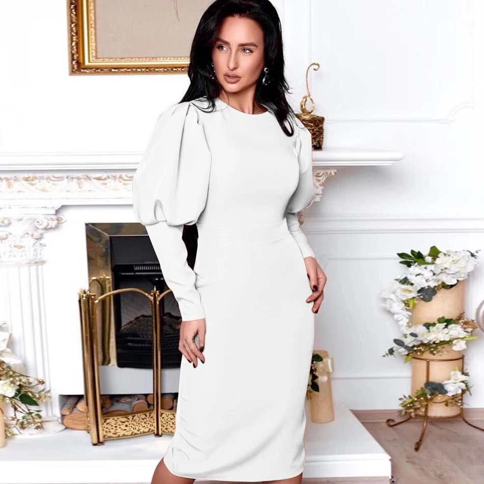 

Seamyla 2021 New Spring Fashion Women White Long Puff Sleeve O Neck Dress Sexy Lady Midi Evening Runway Party Club Wear Dresses