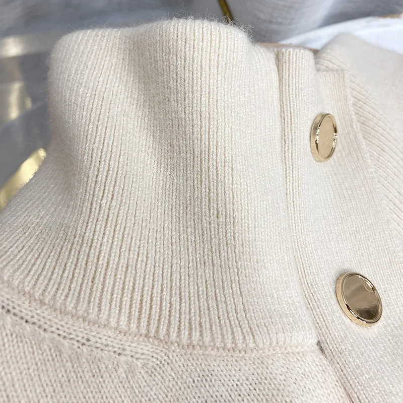 

Новинка Осень-зима 2021, женский шерстяной вязаный пуловер с металлической пряжкой и воротником-стойкой, свитер, Костюмные брюки