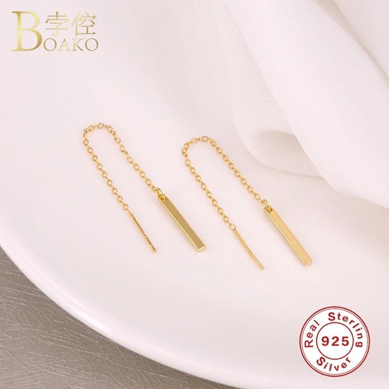 Real 925 Sterling Silver Stud Earrings For Women Long Chain Girl Gift Tassel Earring Female Geometric Pendant aretes | Украшения и