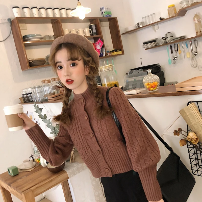 

Slim Sweet Puff Sleeve Crop Sweaters Solid Korean Single Breasted Cardigan 2020 Autumn New Preppy Style Vintage Women Sweater