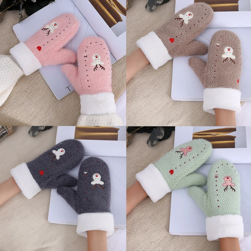 

Women Winter Warm Christmas Knitted Full Finger Gloves Cute Cartoon Elk Embroidery Thicken Plush Lined Thermal Mittens