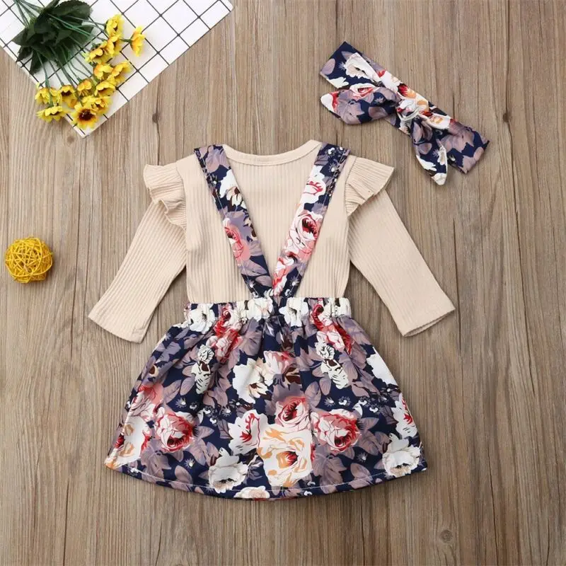 

3PCS Clothes Set Newborn Kids Baby Girls Clothes Ruffle Solid Long sleeve Bodysuit strap Floral print Dress bow Headband