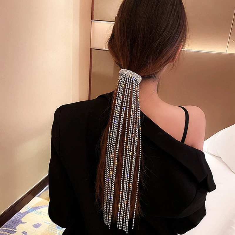 

Exaggeration Bling Bling Rhinestones Long Chain Hairwear Delicate Party Gifts Clip Hairpin For Women Girls Jewellery