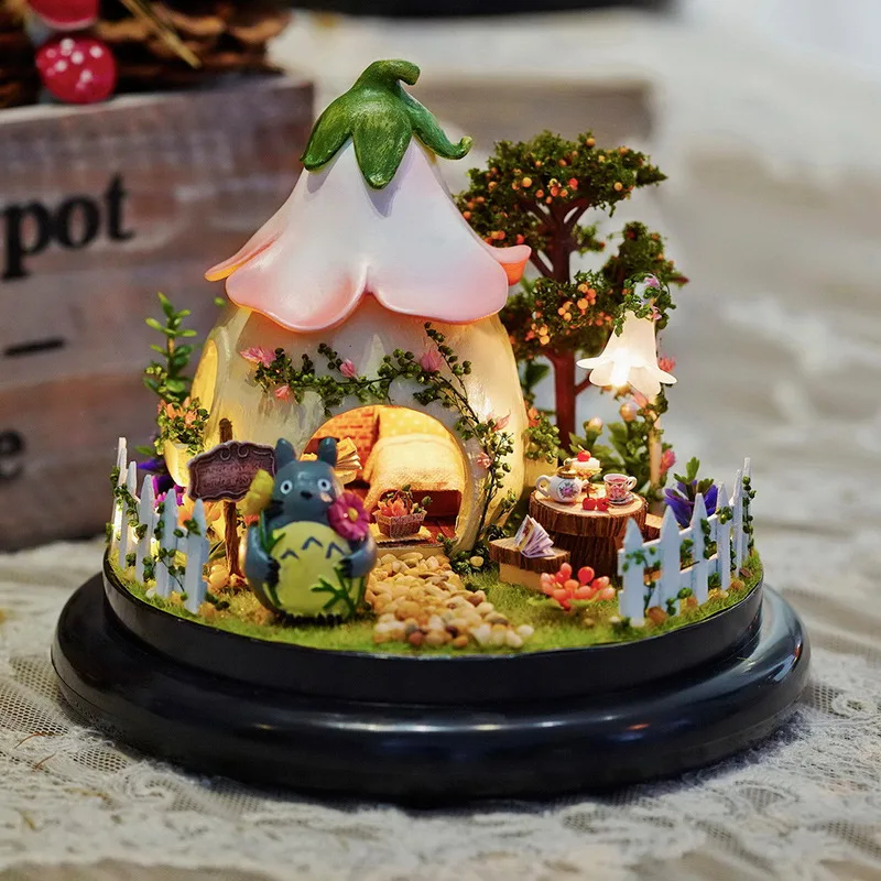 mini doll house diy totoro small handmade wooden miniature assembly doll house glass ball dollhouse decoration kit green garden free global shipping