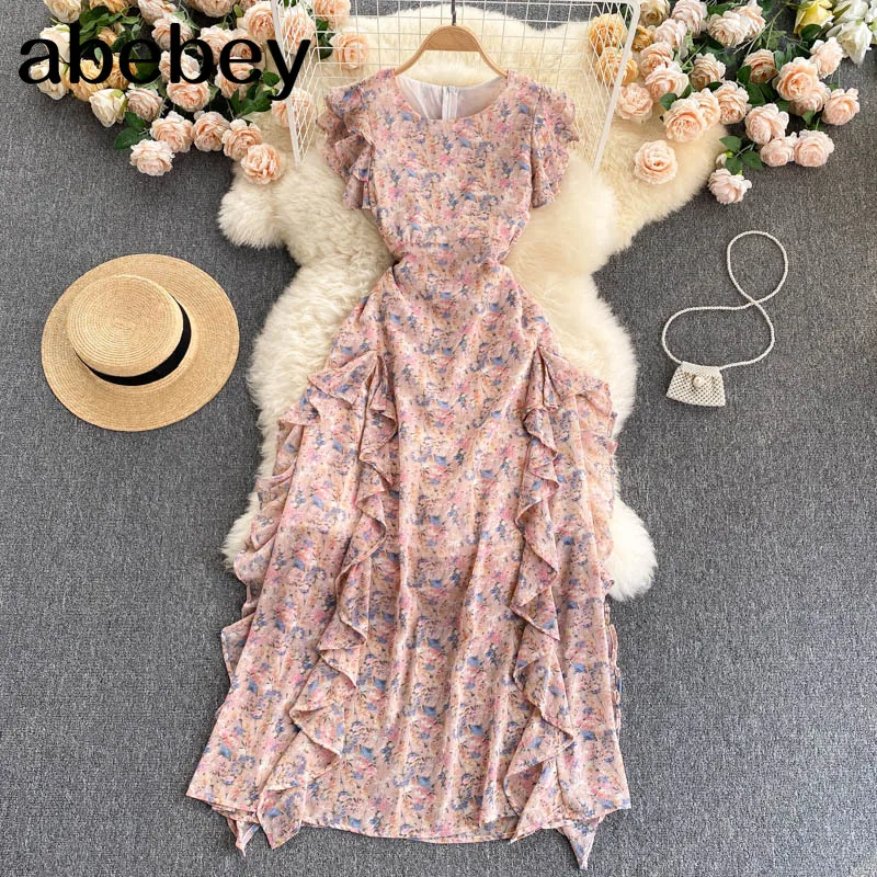 

Women Chiffon Floral Dress Sexy O Neck A-line Dress Summer Boho Irregular Ruffles Beach Long Sundress