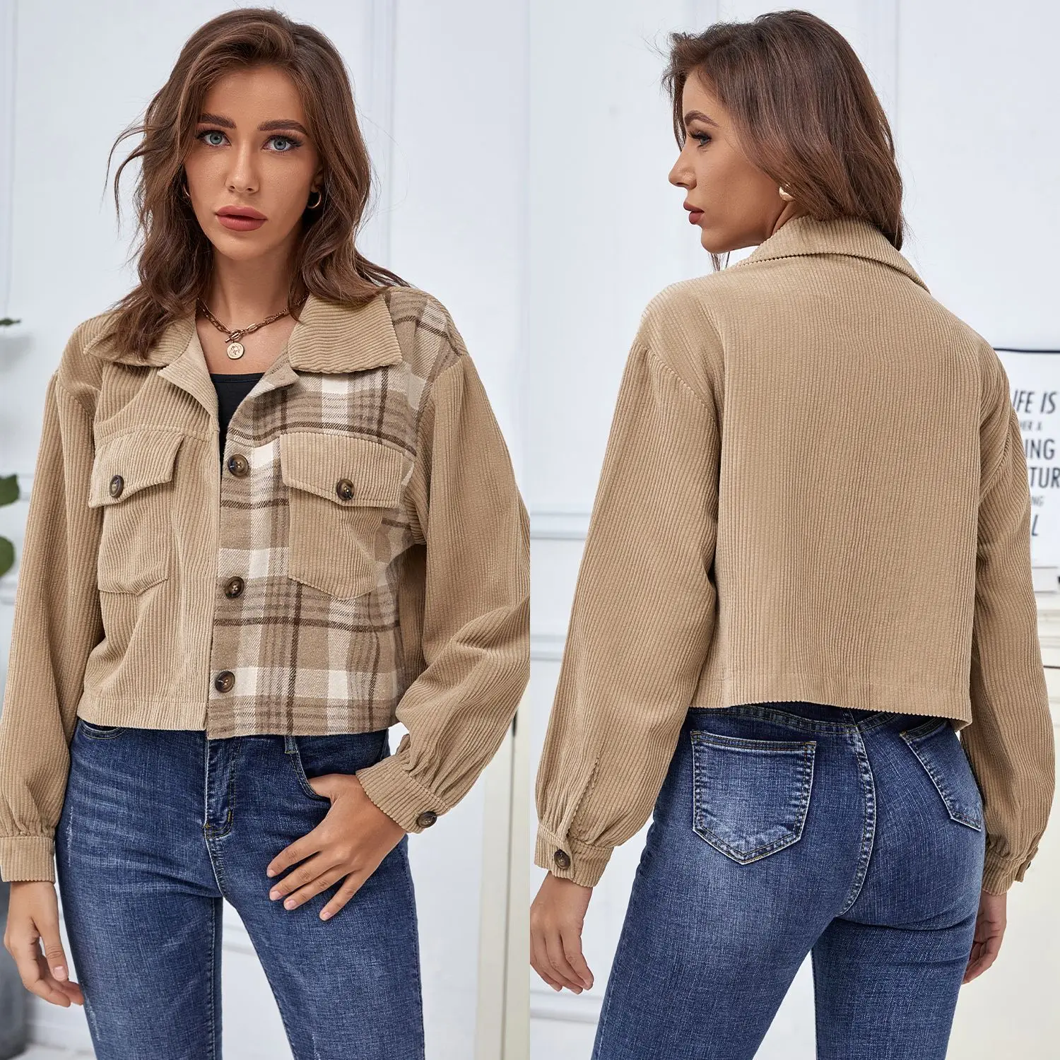 

Women's Casual Patchwork Plaid Corduroy Corduroy Pockets Jackets England Cardigan Screw Thread Fashion Woman Clothes Jacket Coat