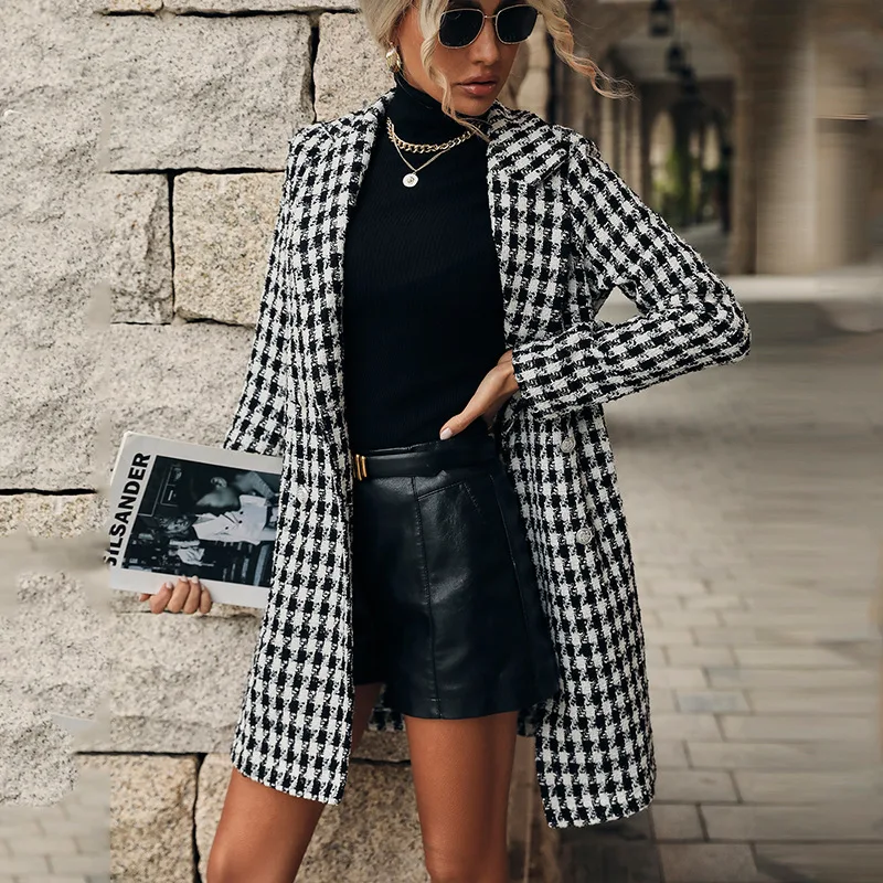 

Women Fashion Long Tweed Check Blazer Vintage Long Sleeve Flap Pockets Female Outerwear Chic Veste Femme blazer for women