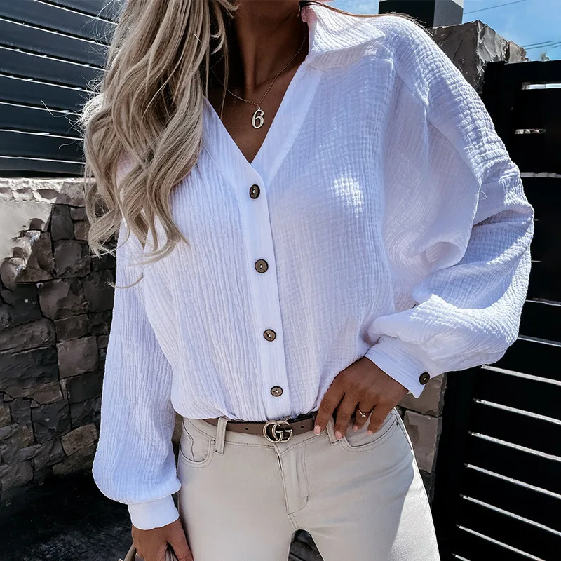 

Autumn Solid Long Sleeve Elegant Women Shirts Turndown Collar Single-breasted Tops Blouse Loose Casual Shirt Fashion Clothing