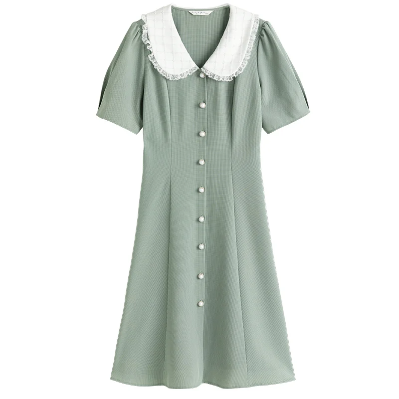 

DUSHU Plus Size Office Lady Green Plaid Lapel Long Dress 2021 Summer New Green Bellflower Skirt Dress For Women Summer Dress