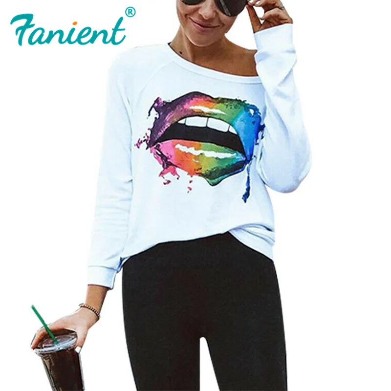 Базовая футболка с губами женские топы длинным рукавом сезон весна-осень женская
