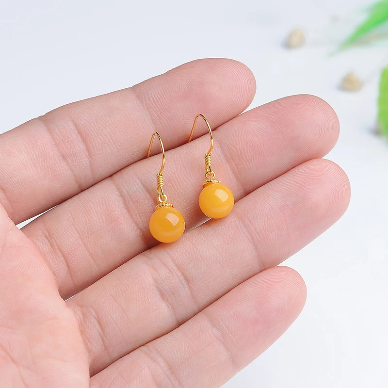 Натуральный ярко желтого цвета медовый воск серьги с янтарем S925 серебро