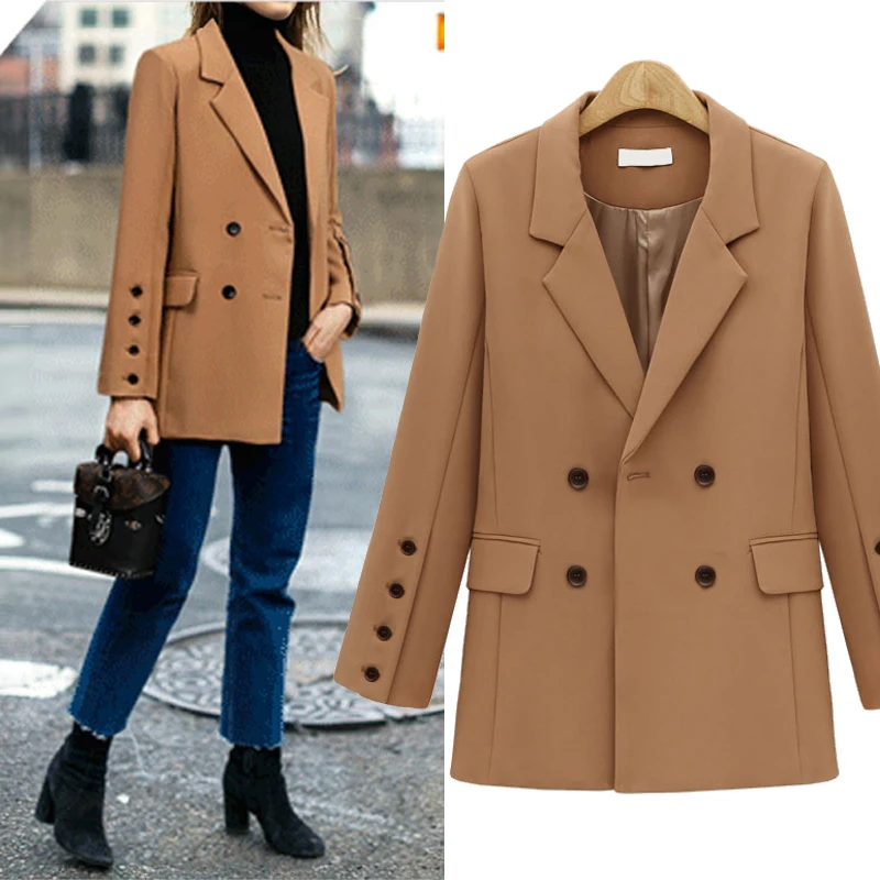 

2021 Autumn Winter Casual Long Blazer Women Formal Jackets Office Work Double Breasted Ladies Blazer Coat blazer feminino