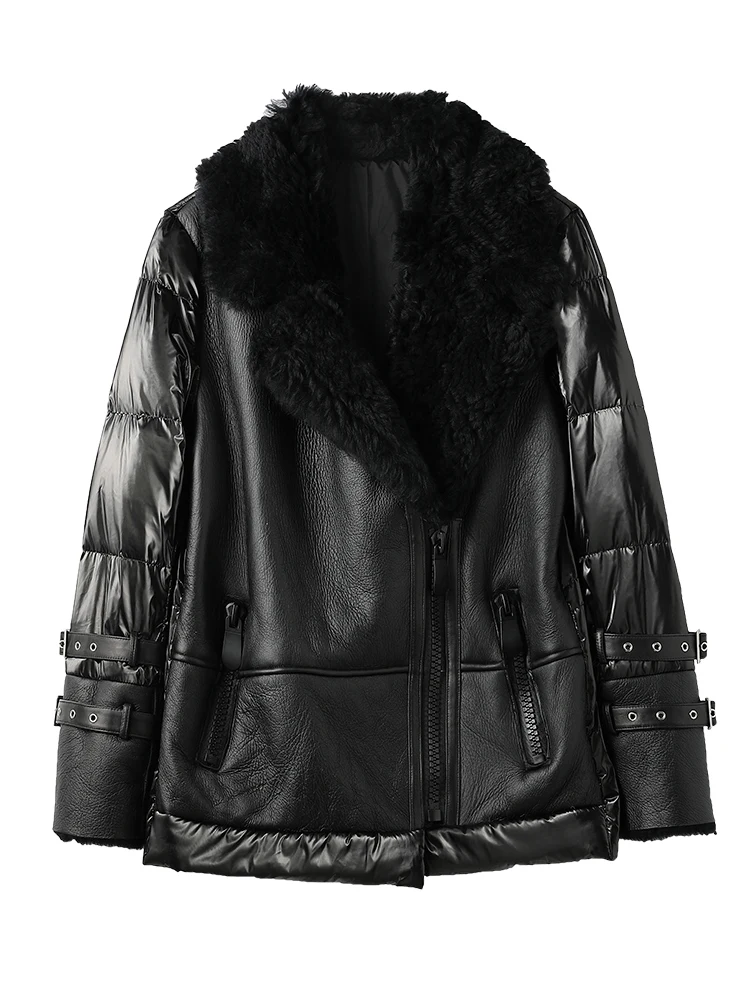 100% Натуральная овечья кожа пальто женский зимний большой меховой воротник