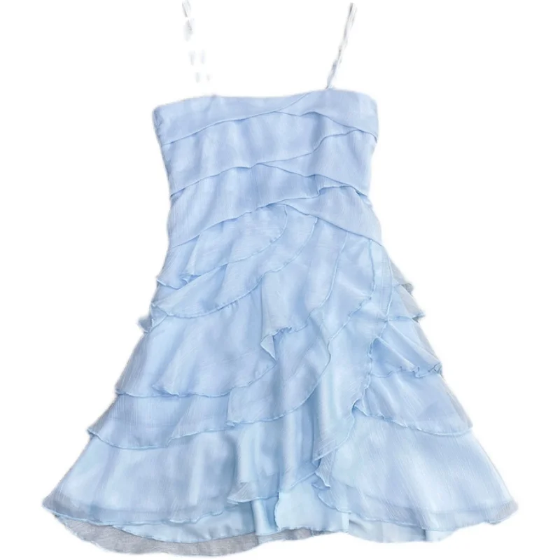 

Summer Dress Women New Temperament Sexy Sling Chiffon Dresses Multi-layered Ruffle Slim Fit Lady Holiday Seaside Mini