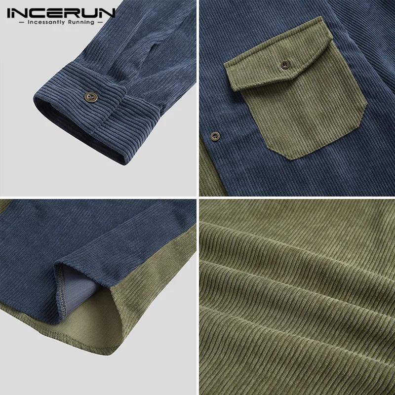 

Vintage Men's Corduroy Shirt Patchwork Turn Down Collar Long Sleeve Tops Pockets 2021 Streetwear Casual Camisas Hombre INCERUN