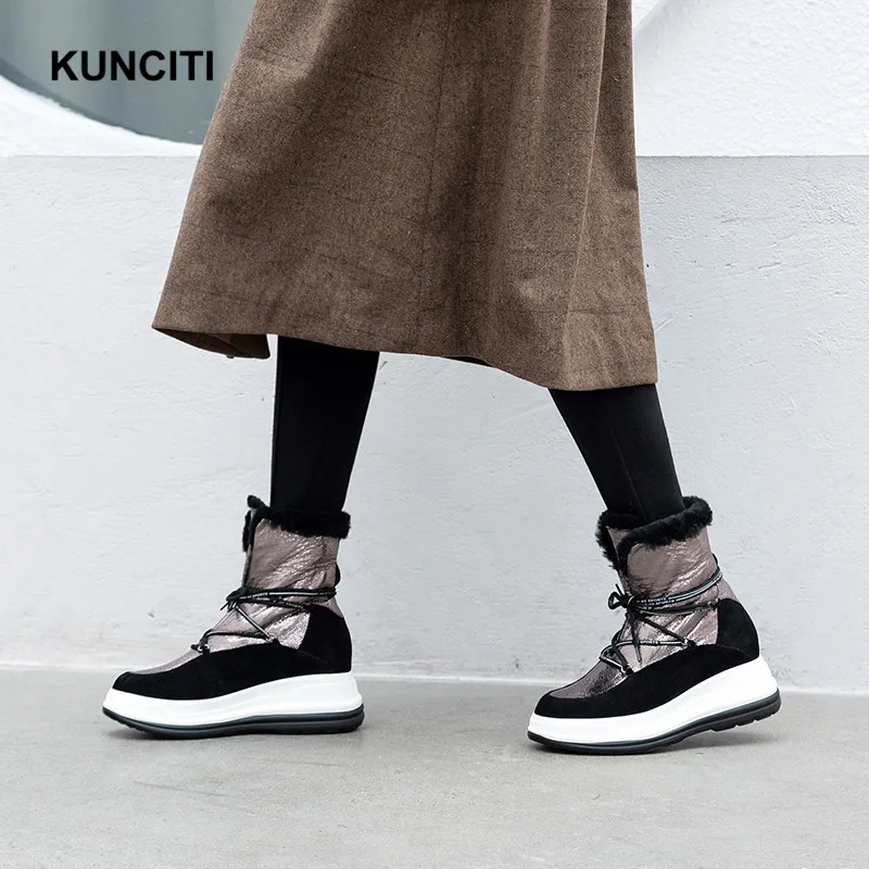 KUNCITI/; зимняя обувь; женские зимние ботильоны на шнуровке; ботинки из натуральной кожи на танкетке; модная дизайнерская теплая обувь на меху; D9182