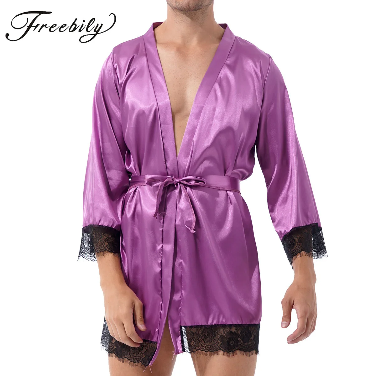 

Men Lace Satin Kimono Robe Gay Male Sissy Pink Silk Home Wear Sleepwear Loungewear