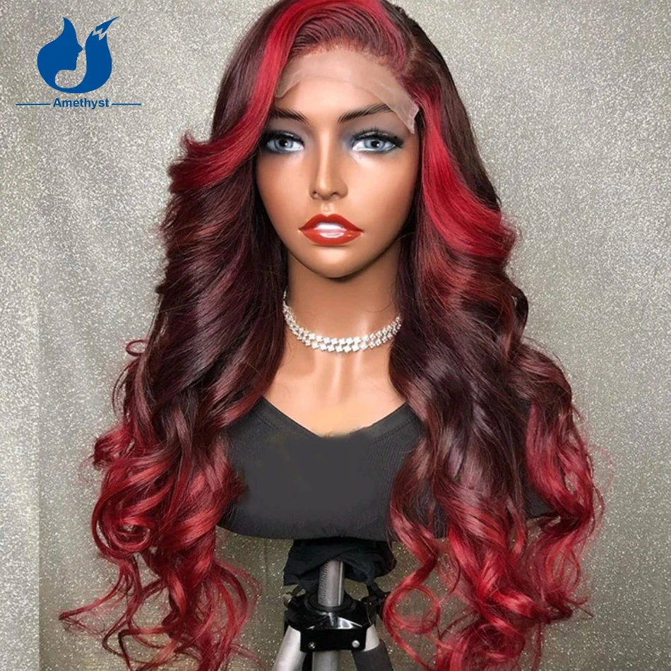 

Amethyst Ombre Red Burgundy Lace Front Human Hair Wigs Brazilian Remy Red Highlight Wave Lace Closure 5.5x4.5 PU Silk Top Wigs