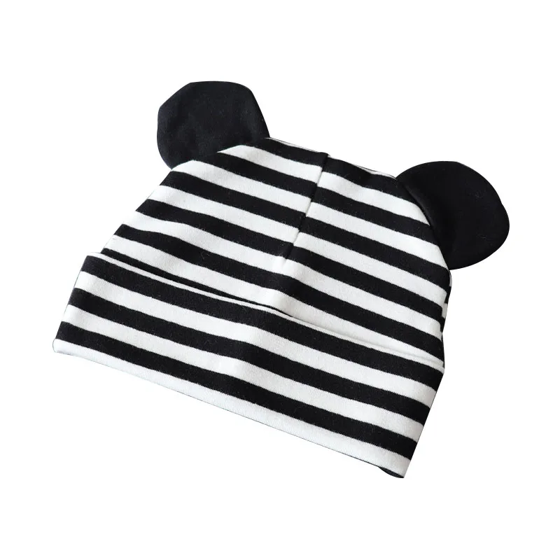 White black striped Новая шапочка для малыша с героями мультфильма для девочек, хлопковая детская шапочка с ушками, эластичные детские шапки, аксессуары для малышей, шапка для маленьких мальчиков, 21 цвет - Цвет: White black striped