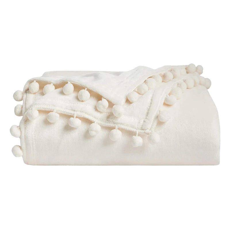 

Плед-одеяло с помпоном, плед для дивана и кровати, милое уютное плюшевое покрывало (50x60 дюймов)